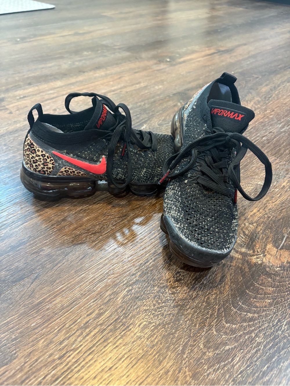 Nike Black & Red Vapormax with Leopard Heel Accent